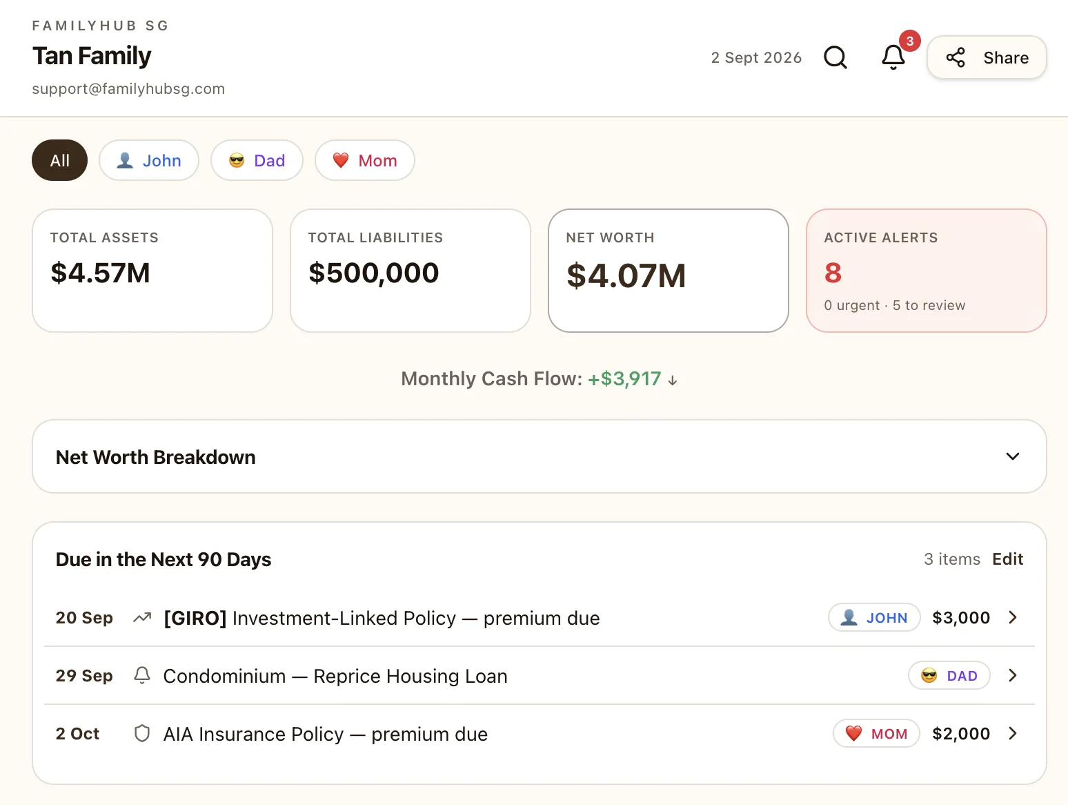 FamilyHub SG dashboard showing total assets, liabilities, net worth and upcoming items due