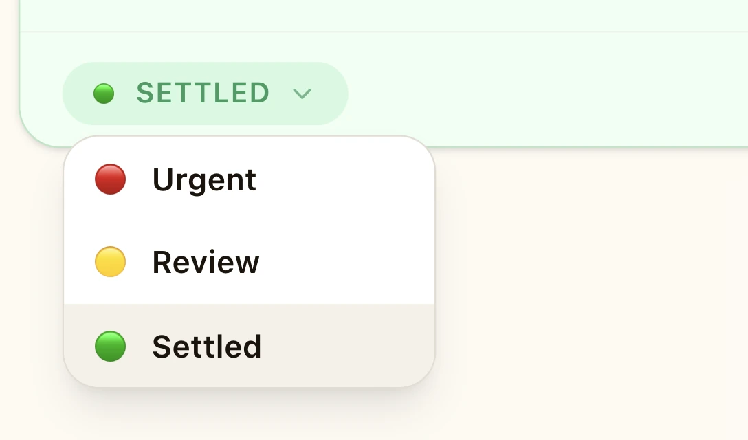 Status menu with Urgent, Review and Settled options